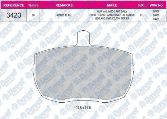 FREN BALATASI ON WVA20359 TRANSIT AVRUPA MINIBUS 1986-> CIFT PISTON