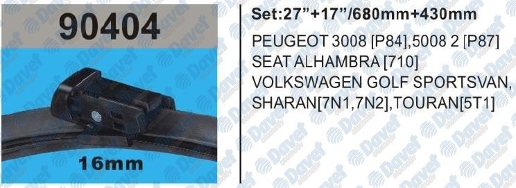 SILECEK SUPURGESI 680MM+430MM MUZ TIP P3008 16- P5008 17- GOLF SPORTSVAN 14- SHARAN 10- TOURAN 15- ALHAMBRA 10-