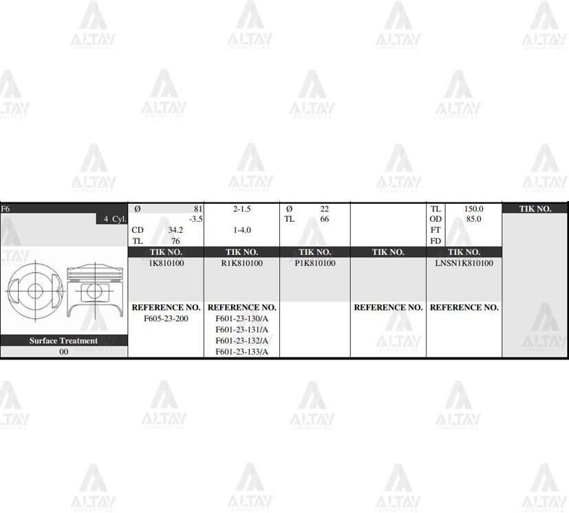 PİSTON TAKIM 626 1.6L /  88-91 /  81.50mm / F6 TEPELİ / 0.50