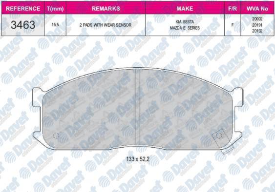 FREN BALATASI ON WVA 20002 MAZDA E2200 KIA BESTA 2.2D 92->