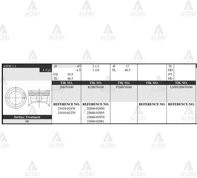 PİSTON TAKIM ATOS 1.1L / PICANTO / 06-10 / 67.00mm / G4HG / STD