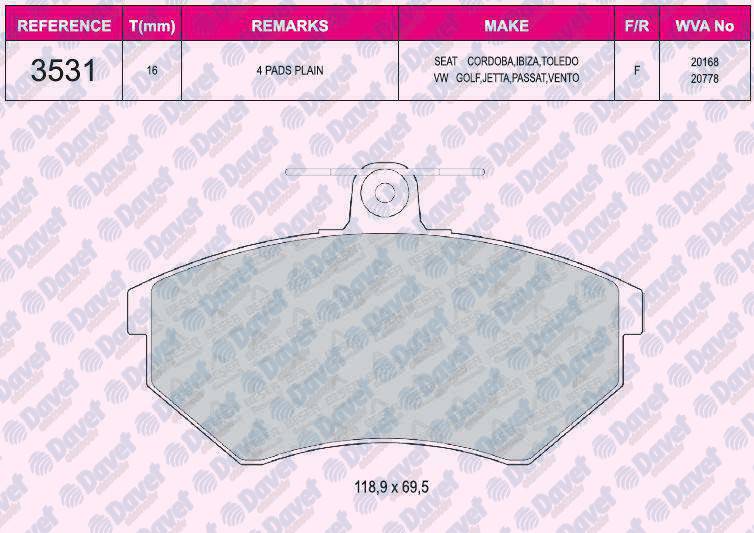 FREN BALATASI ON WVA 20168 GOLF II III POLO CLASSIS 95--> PASSAT CORDOBA CADDY II 95>04
