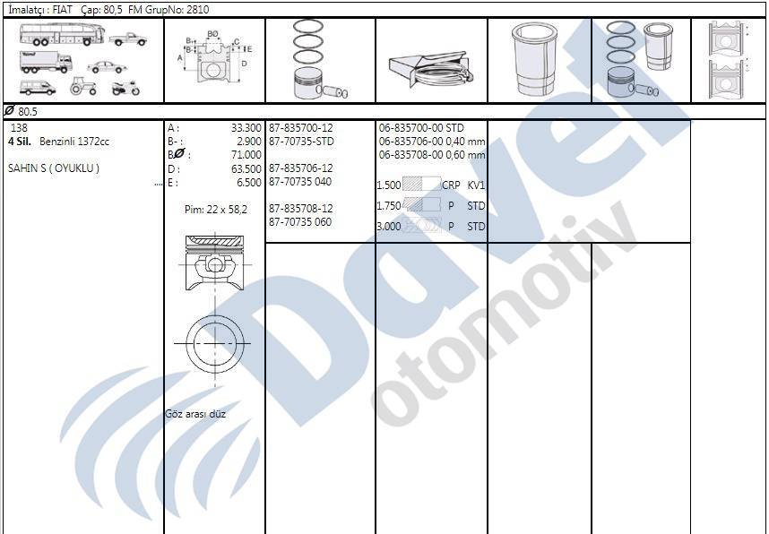 Pıston + Segman Std 805Mm Fıat Tofas Sahın 1400 Ie