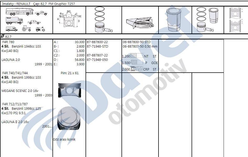 Pıston + Segman Std 827Mm Laguna Iı Megane I 2.0 16 V F4R