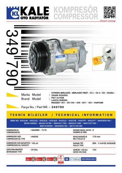 KLIMA KOMPRESORU CITROEN BERLINGO II PEUGEOT 307 406 PARTNER II 2.0HDI 05>607 C5