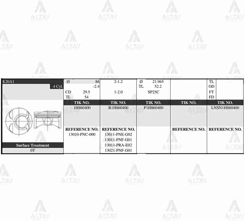 PİSTON TAKIM CRV 2.0L / 02-06 / 86.50mm / K20A / ACCORD 2.0L 03-07 / 0.50
