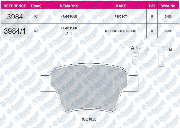 FREN BALATASI ARKA WVA 24150 P307 C4 1.4 1.6 1.6HDI 2005->