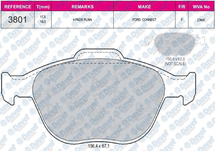 FREN BALATASI ON WVA 23441 FORD CONNECT 1.8I 1.8TDCI 20020> FOCUS 2.0I 16V 2001=>   156.5X67.4/62.5X17.8 MM