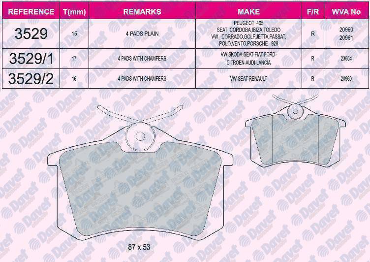 FREN BALATASI ARKA MEGANE II - A3-GOLF-PASSAT II-III-IV-VENTO-JETTA II-OCTAVIA-CORDOBA-IBIZA-TOLEDO P405I-II YÜKSEKLIK: 52.9 MM. UZUNLUK: 87 MM. KALINLIK: 15 MM WVA 20961