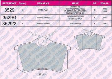 FREN BALATASI ARKA MEGANE II - A3-GOLF-PASSAT II-III-IV-VENTO-JETTA II-OCTAVIA-CORDOBA-IBIZA-TOLEDO P405I-II YÜKSEKLIK: 52.9 MM. UZUNLUK: 87 MM. KALINLIK: 15 MM WVA 20961