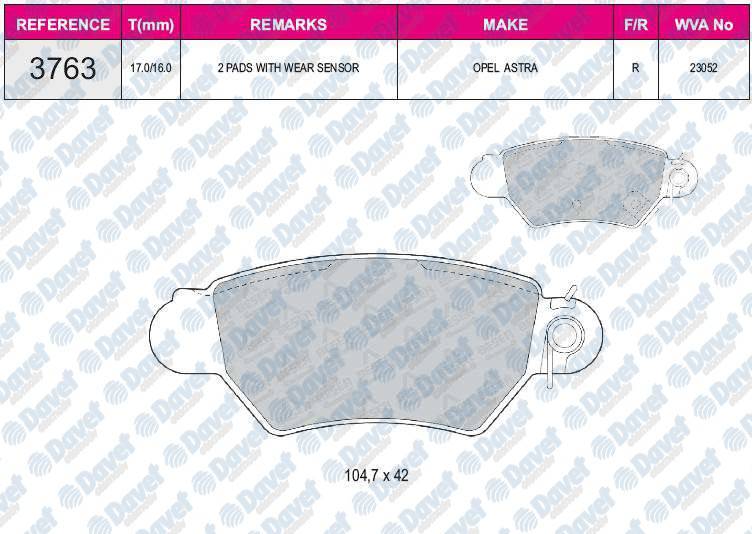 FREN BALATASI ARKA VWA 23052 OPEL ASTRA G 09/98-08/00