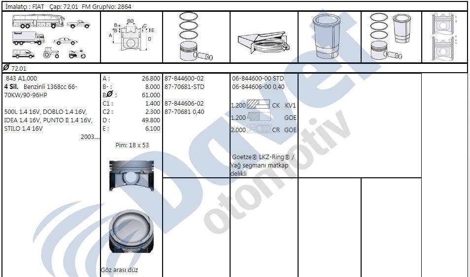 MOTOR SEGMANI PUNTO II STILO IDEA DOBLO FIAT 500 1,4 16V 90HP 03 12 (72,00mm) / (040)