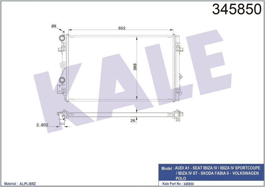 MOTOR RADYATORU A1 10> IBIZA 08> POLO 09> 1,4TFSI (652×398×26)