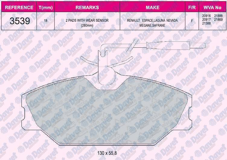FREN BALATASI ON FISLI VWA 20916 RENAULT 597135T EKO WVA 20916 LAGUNA  MEGANE 1.6 1.8 2.0