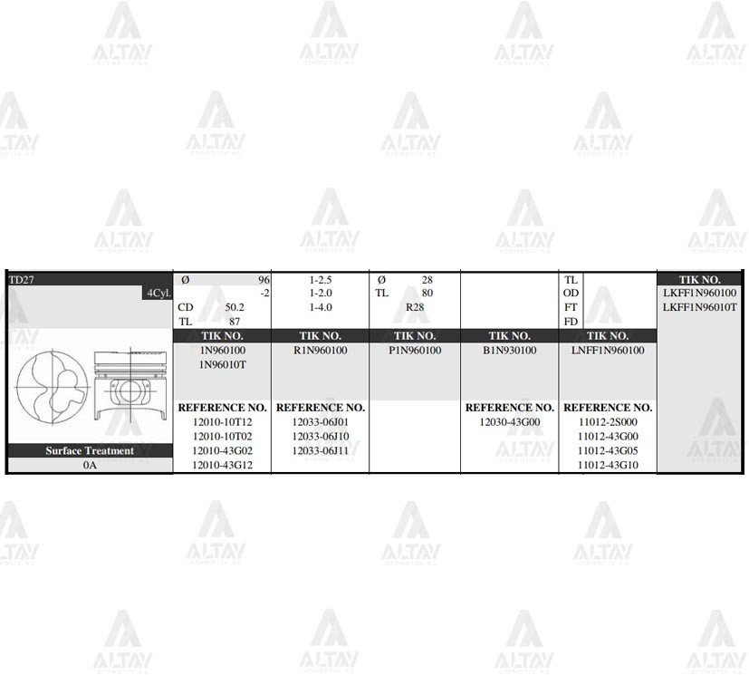 PİSTON TAKIM PICKUP 2.7L / 89-97 /  96.00mm / TD27 / STD