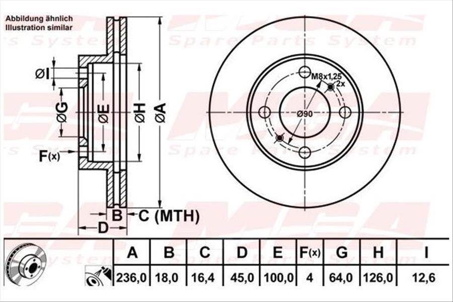 FREN DISK ON HAVA KANALLI 236-4 ( MITSUBISHI: CARISMA 95 - 99 / MITSUBISHI: COLT LANCER 92 - 96)