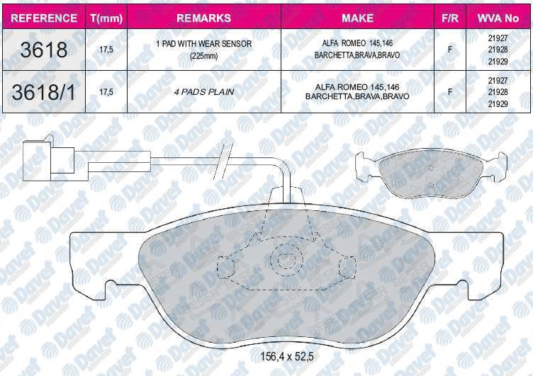 FREN BALATASI ON WVA 21927 FIAT BRAVA ALFA ROMEO 145 146