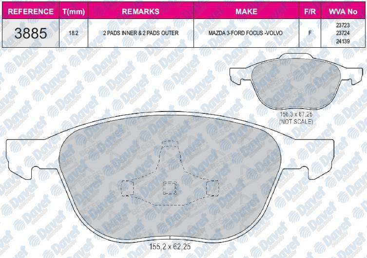 FREN BALATASI ON WVA 23723 FORD C-MAX 2007-> C-MAX II 2010->  FOCUS C-MAX 03-07 FOCUS II 2004-> FOCUS III 2011-> GRAND C-MAX 2010-> KUGA I 2008-> KUGA II 2013-> VOLVO C30 06-12 C70 II 2006-> S40 II 2004-> V50 2004-> MAZDA 3 0