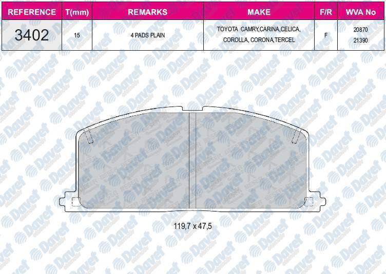 FREN BALATASI ON WVA 20870  TOYOTA COROLLA CORONA CARINA CAMRY 1.3 1.6 87-92