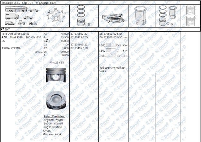 MOTOR PISTON+SEGMAN (STD) INSIGNIA A ASTRA J ASTRA K MOKKA MERIVA B ZAFIRA C B16DTH