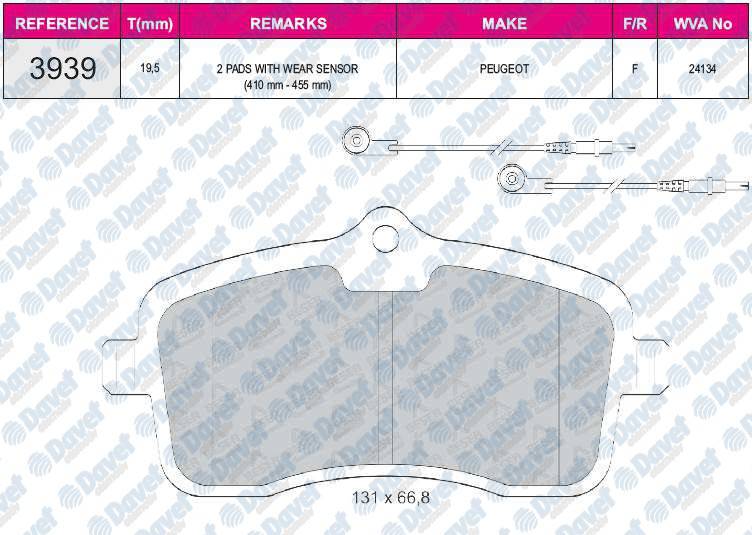 FREN BALATASI ON WVA 24134 PEUGEOT P407 1.6HDI 110 FAP 05/04=> 131.4X66.8X19.5 MM