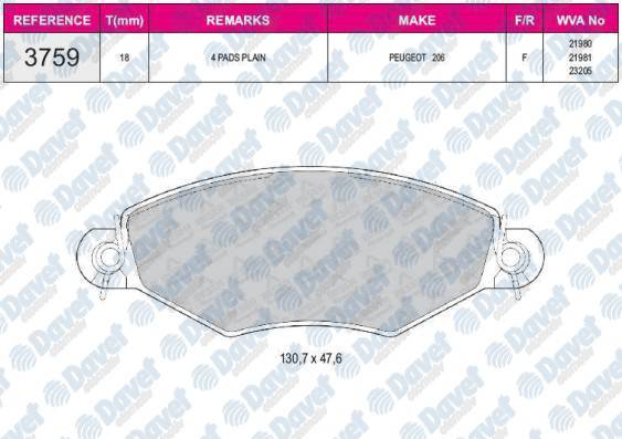 FREN BALATASI ON WVA 23205 PEUGEOT P206 1.4 1.4HDI 1.6 98-> 130.7x47.6x18mm