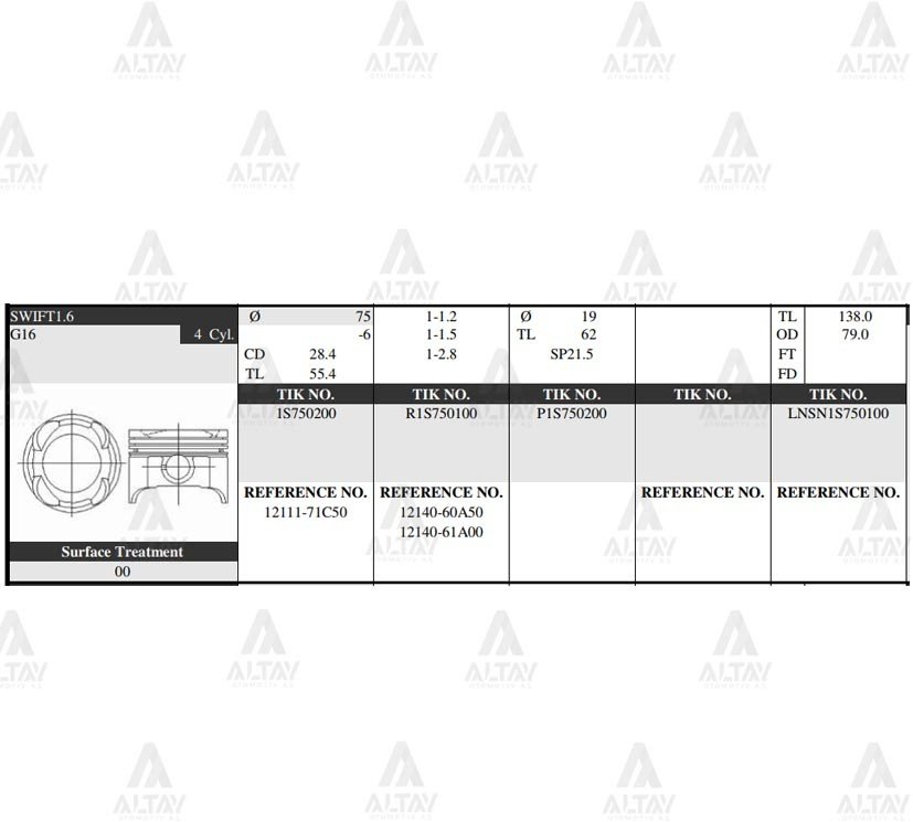 PİSTON TAKIM VITARA 1.6L 16V / 89-99 / 75.00mm / G16B / STD