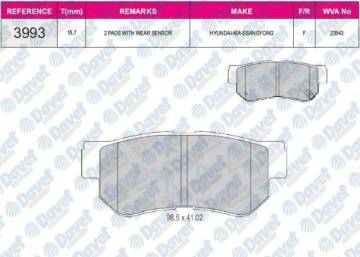 ARKA FREN BALATASI DISK ELANTRA 06 10 / GETZ 02 11 / MATRIX / SANTAFE 01 06 / SONATA 98 05 / SONATA 05 07 / TUCSON 04 08 / SPORTAGE 04 10 (KNE) / CARENS 06> / MAGENTIS 04 10