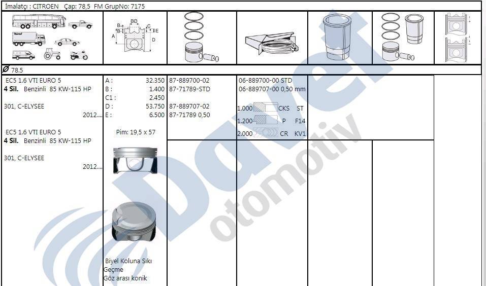 PISTON SEGMAN (78,50MM) / (0,50 FARKLI) P301 C ELYSEE P208 13> P308 II 14> EC5 / EC5F (1,6 VTI 16V EURO5)