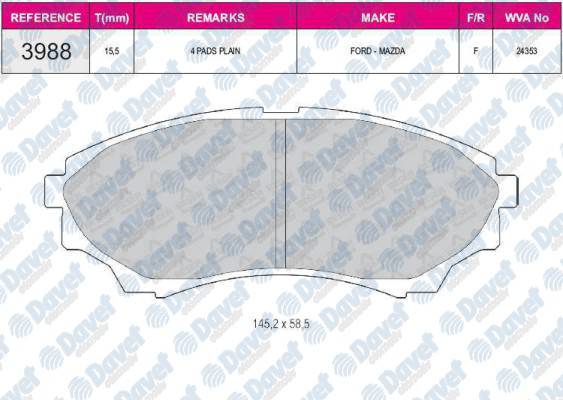 FREN BALATASI ON WVA 24353 FORD RANGER 2.5TD 4X4 04/2002-09/2005 MAZDA B SERIES PICK-UP TRUCK 2.3 4WDBT50