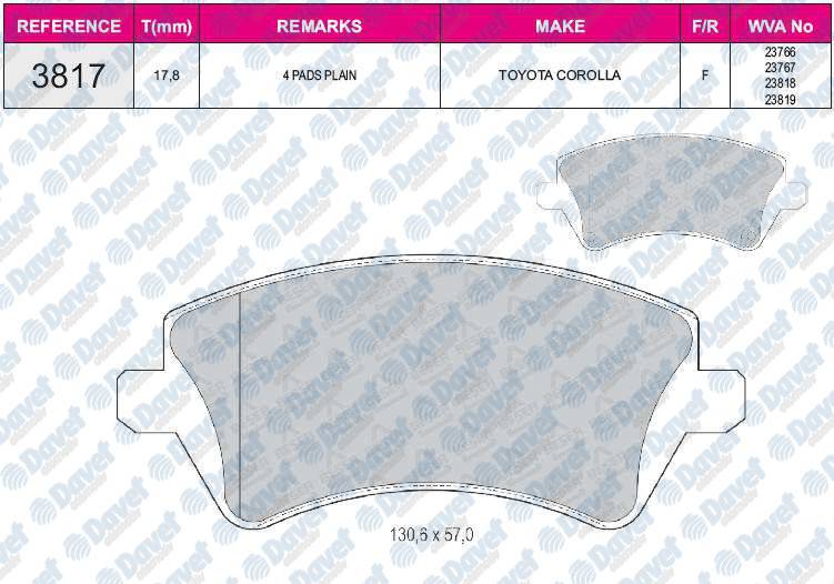 FREN BALATASI ON VWA 23766  COROLLA 1.4 VVT-I 01.2002- 1.6 VVT-I 01.2002- 2.0D 4D 01.2002- COROLLA VERSO 01/02-03/04