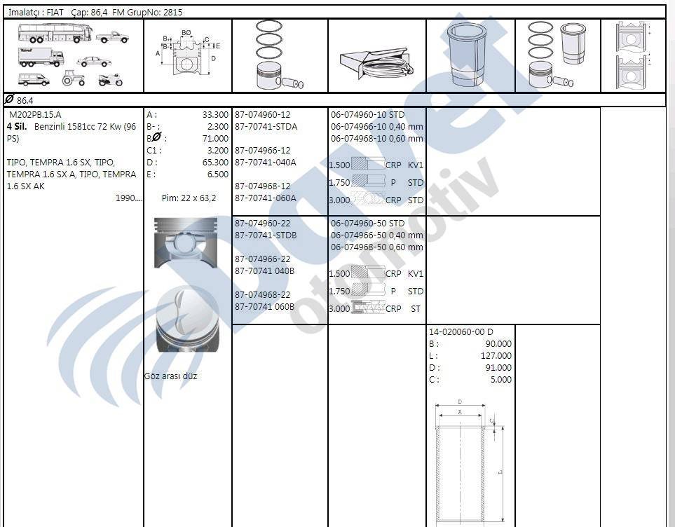Pıston+Segman Std 86.40Mm Tempra Slx 1.6
